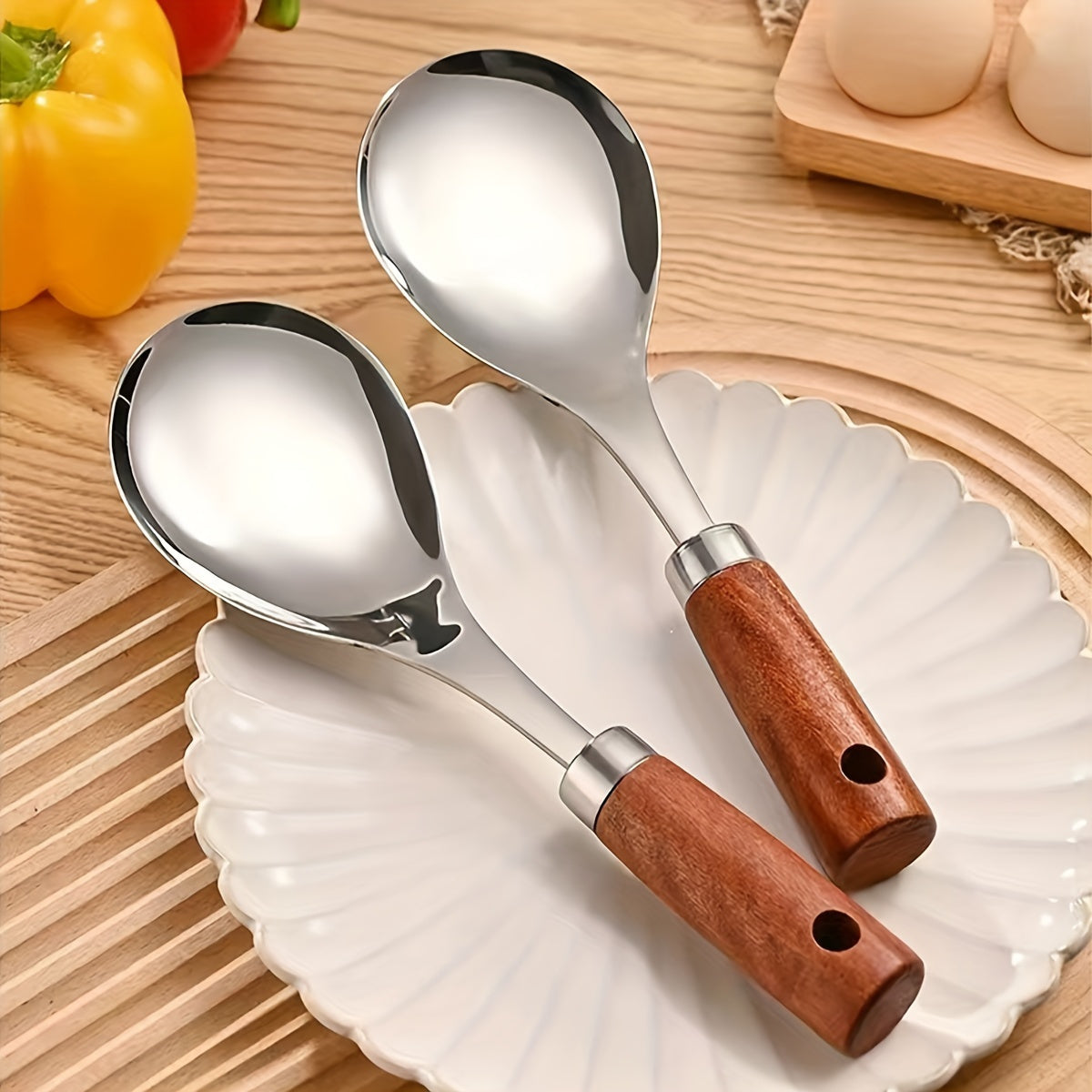 2pcs Wooden Handle Stainless Steel Soup Ladle - Non-Stick Kitchen Serving Spoon for Cooking, Home Dining &amp; Table Serving