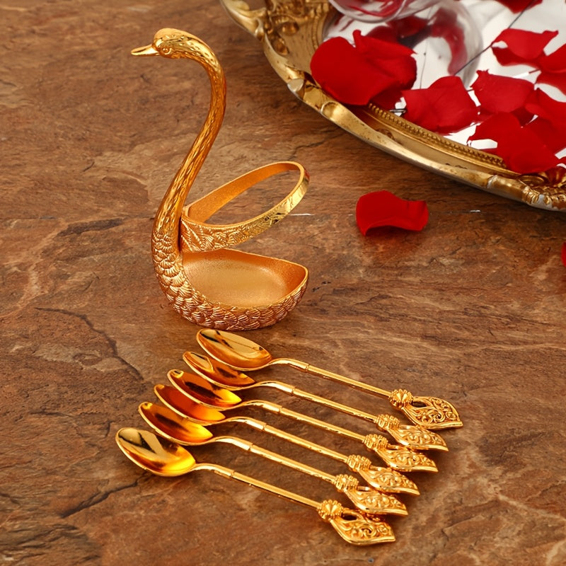 Golden and Silvery Gray Alloy Metal Spoon Set, Elegant, Rustproof, Durable, Washable, Flatware Set with Swan Decorative Stand, Cute Coffee Spoon, Dessert Spoon, for High-end Restaurants, Camping, Dining, Mother'S Day, Father'