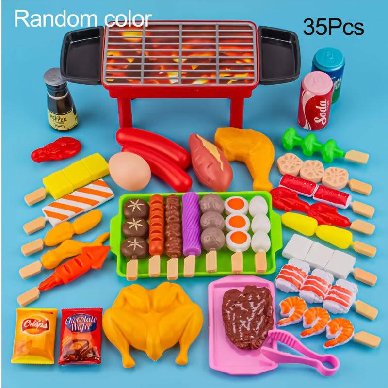 Set de jeux de cuisine, aliments et accessoires de barbecue simulés, idéal pour stimuler imagination et apprentissage des enfants.