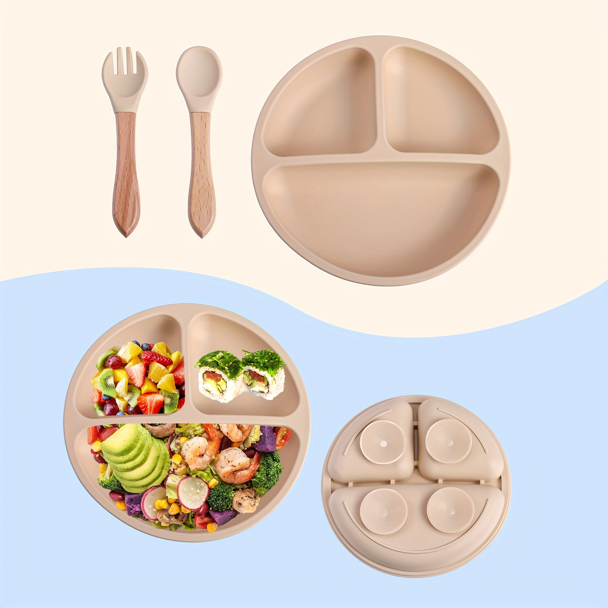 Set repas bébé TYRY.HU 3 pcs en silicone, assiette à ventouses compartimentée et ustensiles, parfait pour diversification et repas en extérieur.
