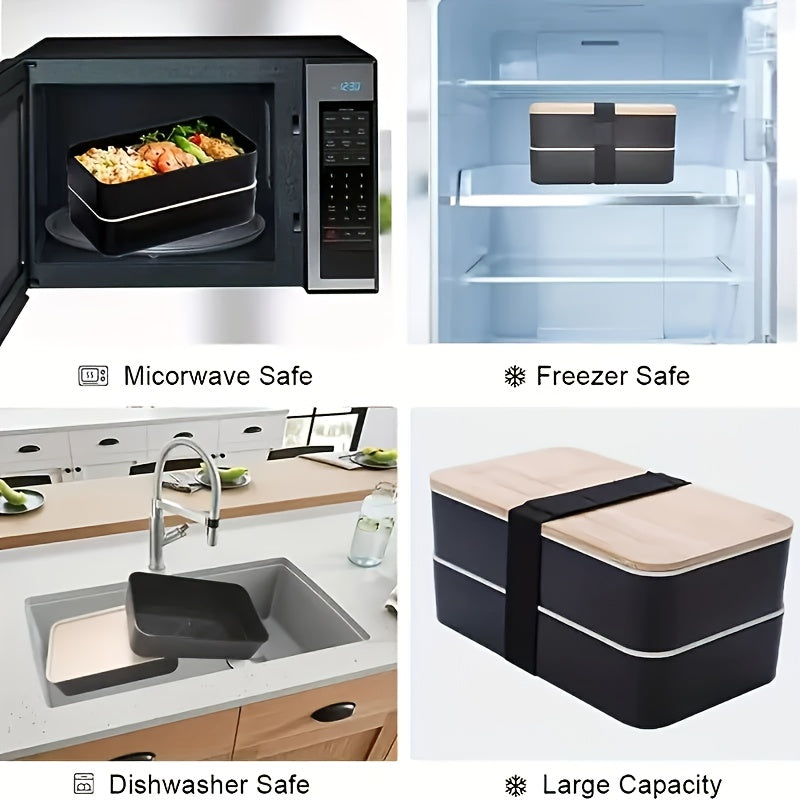 Japanese-Style Bento Box with Insulated Bag &amp; Bamboo Lid - Microwave-Safe Large Lunch Box, Multi-Compartment PP/Wood Meal Container for, Office, Travel - Portable Japanese Lunch Tote with Dividers (No Leak)