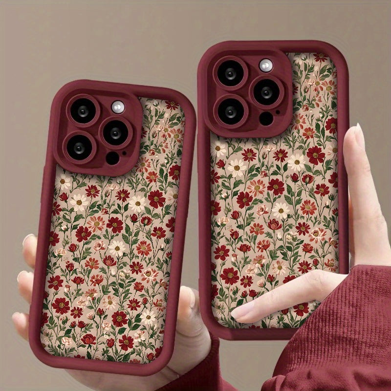 Coque rétro rouge vin avec motif fleurs et herbes, protection antichoc complète, couvre lentille, compatible iPhone 14 à 16 Pro Max, design élégant.