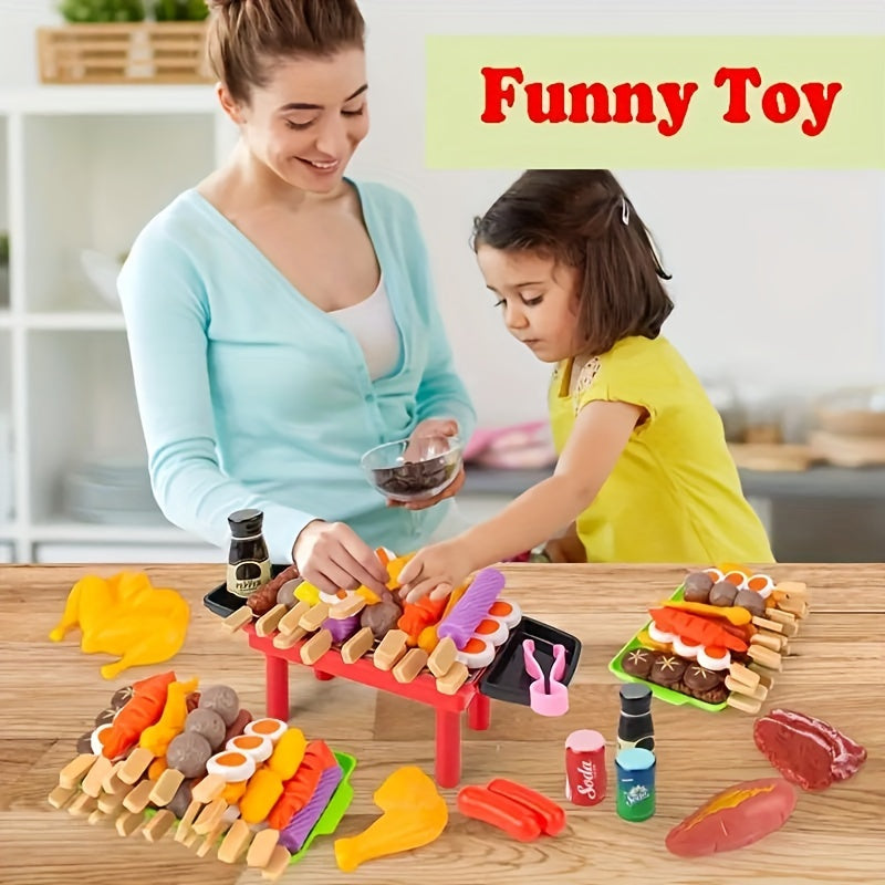 Set de jeux de cuisine, aliments et accessoires de barbecue simulés, idéal pour stimuler imagination et apprentissage des enfants.