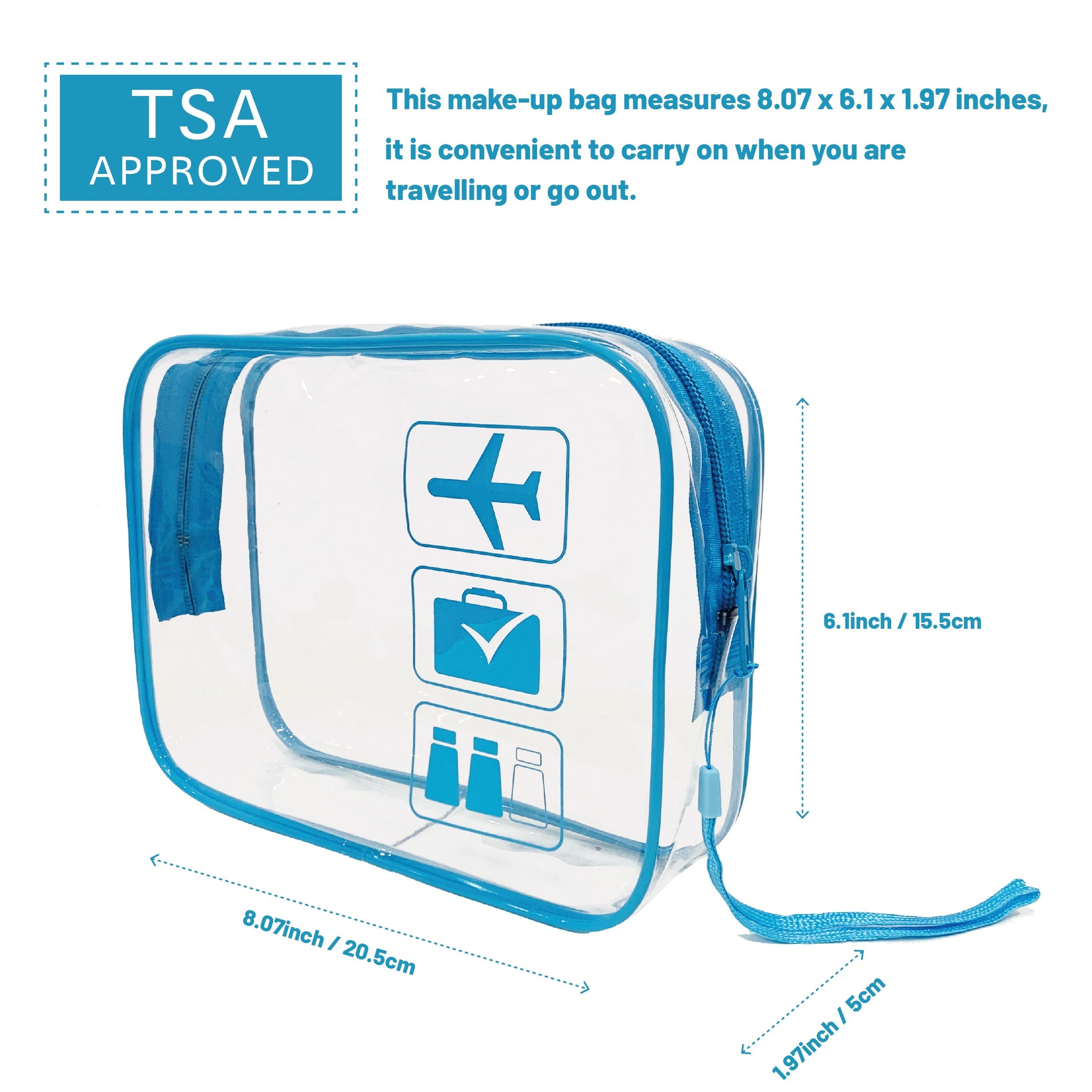 Trousse de toilette transparente avec ouverture à bouchon, pliable et verticale, pratique pour voyage, salle de bain ou shopping.