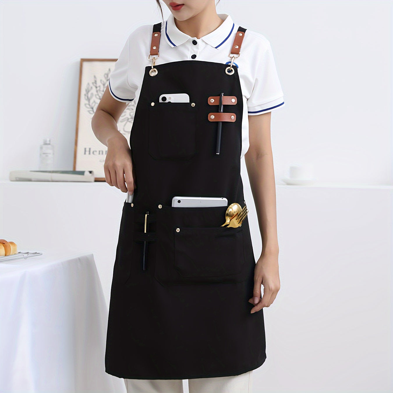 1pc Canvas Apron, High-end Design, Soft and Breathable, Four Pockets, Can be used in Restaurants, Kitchens and other occasions, Modern Apron