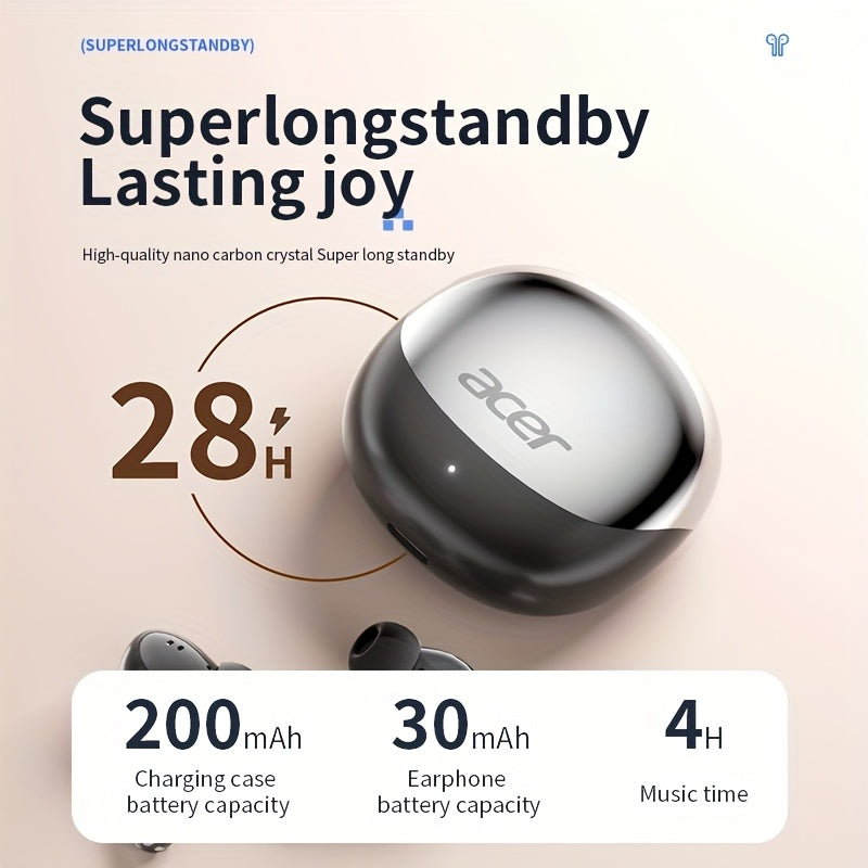 Écouteurs sans fil ACER TWS, son stéréo HiFi, réduction de bruit pour appels, puce 5.4, légers, tactiles, confortables et design élégant, autonomie longue durée.