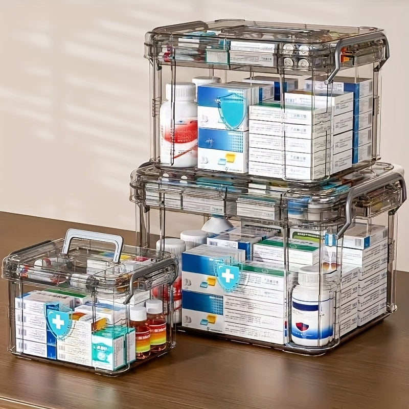 Boîte de rangement multifonctionnelle en plastique avec fermeture à clip, étanche et empilable, idéale pour médicaments, accessoires et organisation domestique.