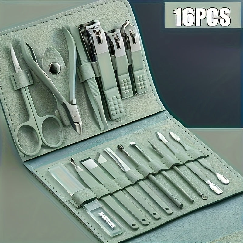 Set 16 pièces soins des ongles en acier inoxydable, lime, cure-oreille et ciseaux, style moderne, idéal voyage et usage professionnel.