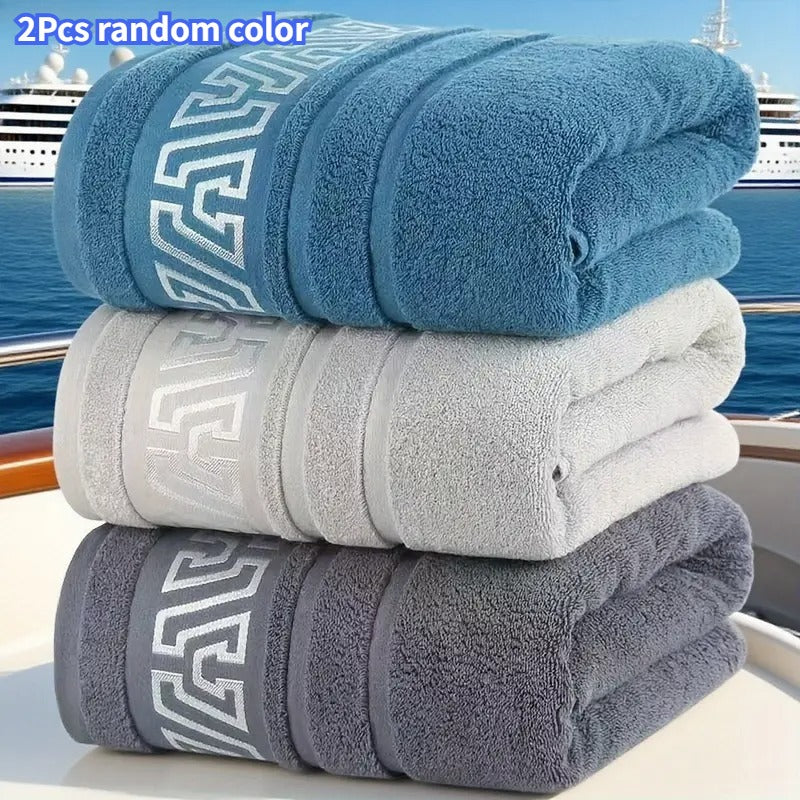 2pcs Large Towels| Heavy Duty| Quick Dry | High Absorbency| Soft Durable Material| Geometric Pattern | Blue Gray White Black| for Adults Spa Hotel Home | Elegant Retro Design| Housewarming Wedding Gift| Hotel Essentials, Spa Ess