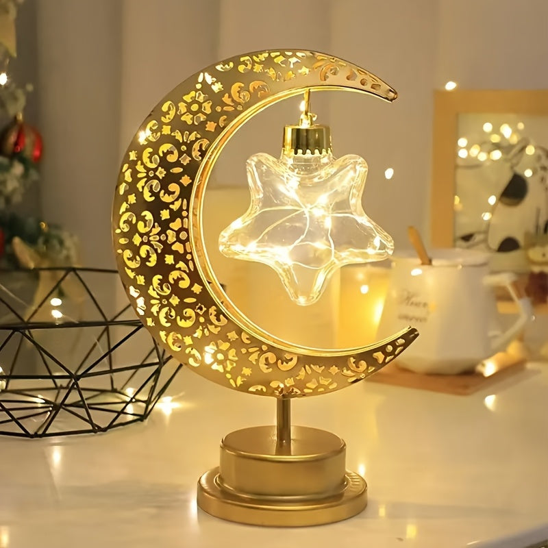 Islamic Crescent Moon &amp; Star LED Table Lamp with Warm White/Golden Light - Muslim Prayer, Ramadan &amp; Eid Decor, Plastic &amp; Golden- Dome for Bedside,, Islamic Décor (-Free -)