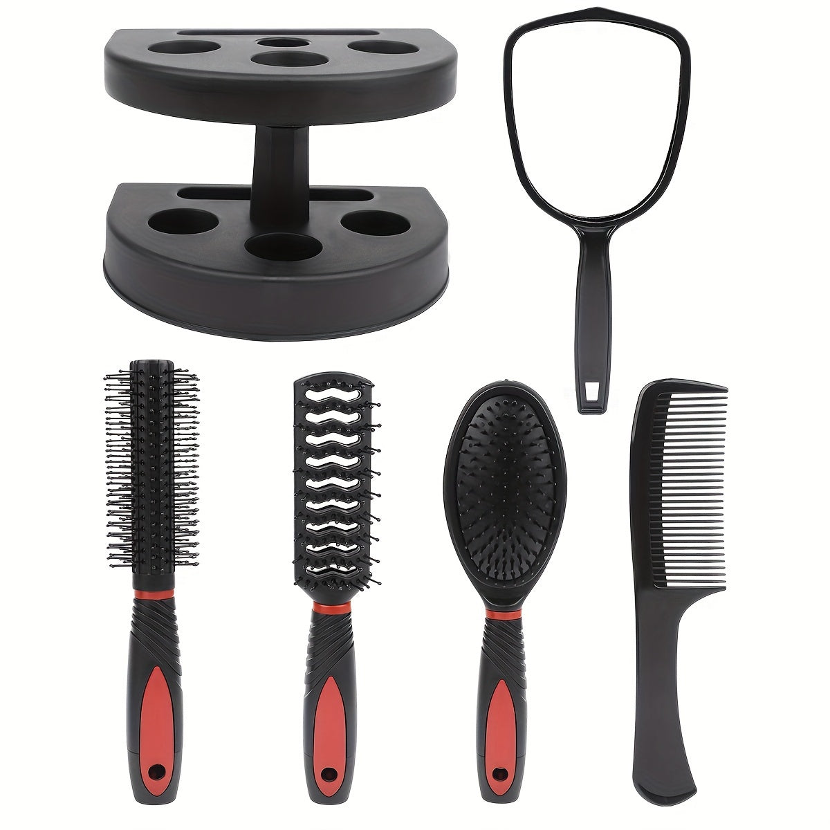 Set coiffure professionnel 5 pièces : brosses démêlantes, peignes massage cuir chevelu et miroir, parfait pour styling complet.
