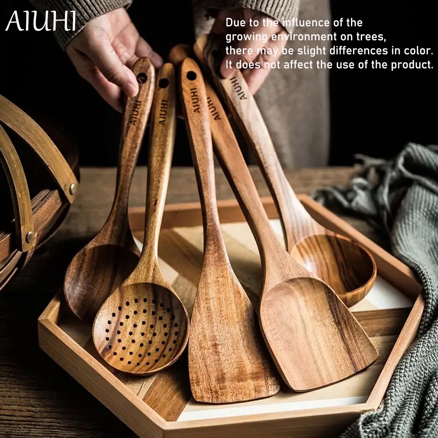 AIUHI 3pcs/5pcs Wooden Kitchen Utensils Wooden Spoons, Kitchen Tool for Cooking and Serving Non-stick Kitchen Spoon