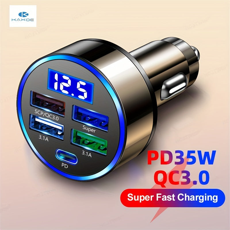 Chargeur voiture 4 ports PD + QC 3.0, recharge ultra-rapide USB/Type-C, compatible multi-appareils, délivrant une puissance stable et sécurisée en déplacement.