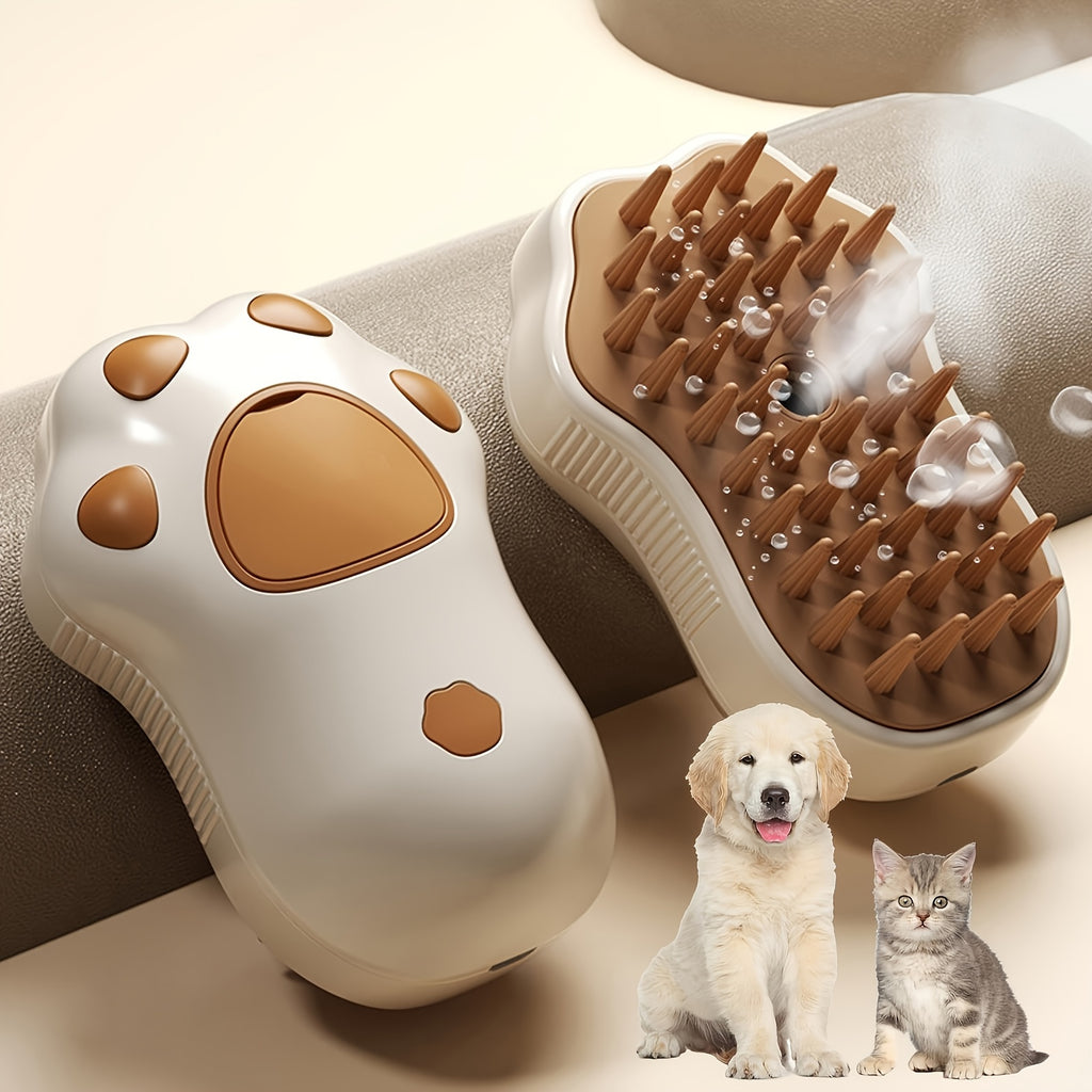 Brosse vapeur électrique 3-en-1 pour chats et chiens, motifs patte/citron, spray, massage, auto-nettoyage, retire poils morts et entretient griffes.
