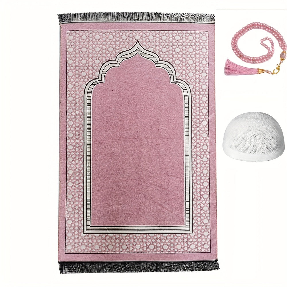 Set Ramadan 3 pièces : tapis de prière portable 70×110 cm, 99 perles Tasbih, kufi homme, léger et pratique pour voyages.