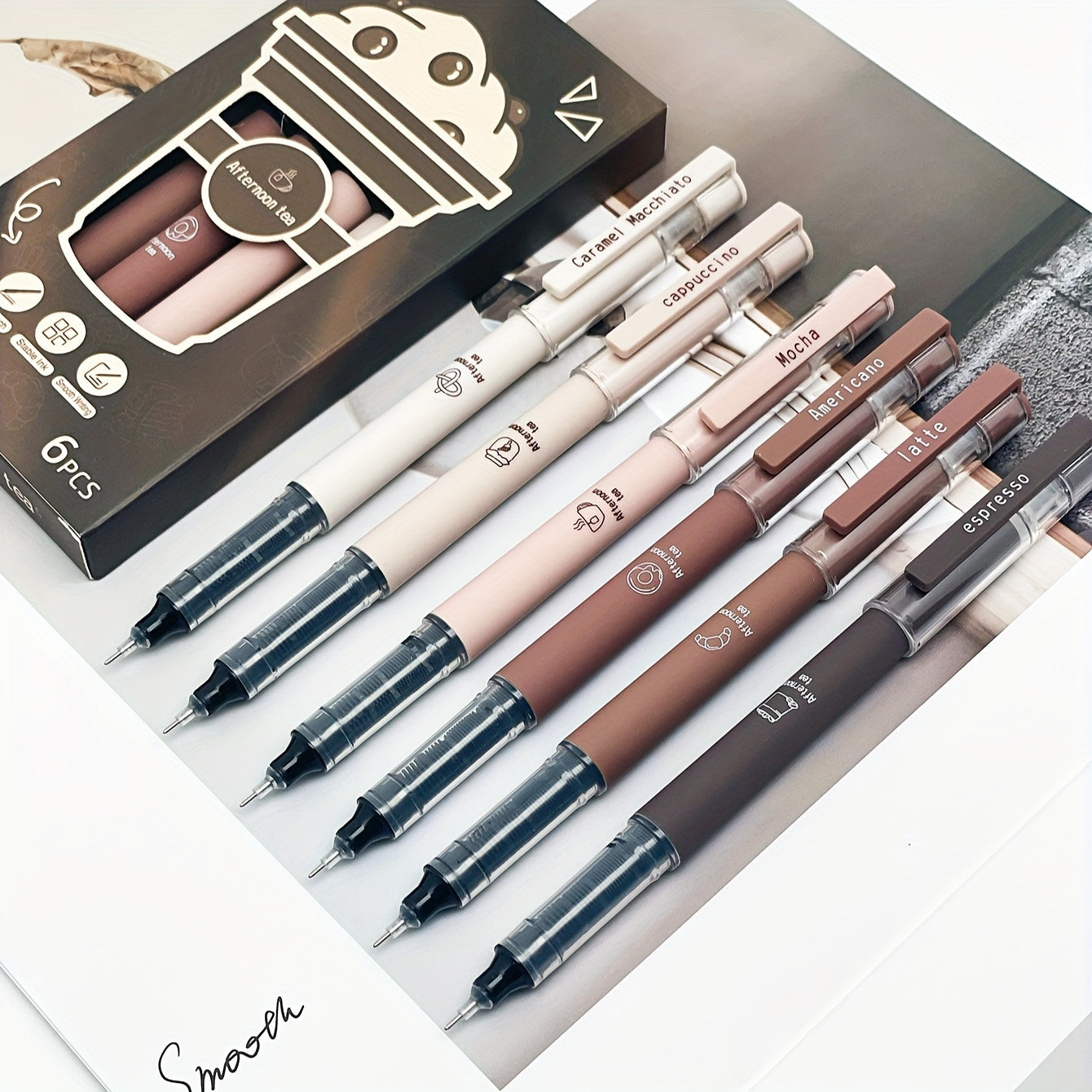 6pcs/8pcs Coffee Theme Liquid Quick-Drying Ink Gel Pens, No Smudge Soft Touch Pens for Note Taking Drawing School &amp; Office Supplies