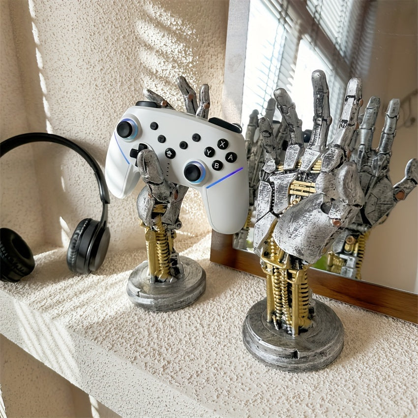 Support de bureau multifonction cyberpunk en impression 3D, style mécanique, pour manettes, téléphones et décoration sci-fi, idéal maison et bureau.