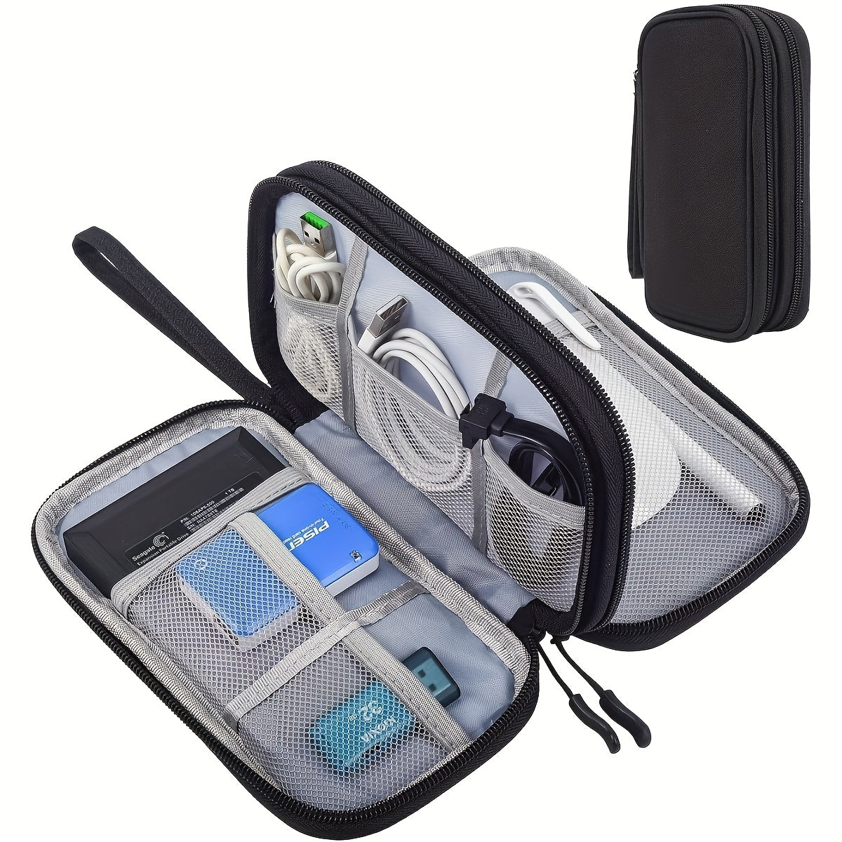 Organisateur de rangement en polyester durable, portable, plusieurs compartiments pour câbles, chargeurs et petits accessoires, compact pour voyage, lavable à la main.
