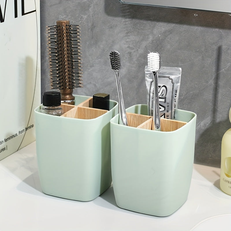 1pc Bamboo-Like Plastic Desk Organizer with Pen Holder &amp; Jewelry Storage - 3/4 Compartment Standalone Multi-Purpose Box for Office, Bathroom, Bedroom - Storage Shelf for Earrings, Rings, Makeup, Small Items (Low, Desk &amp; Drawe