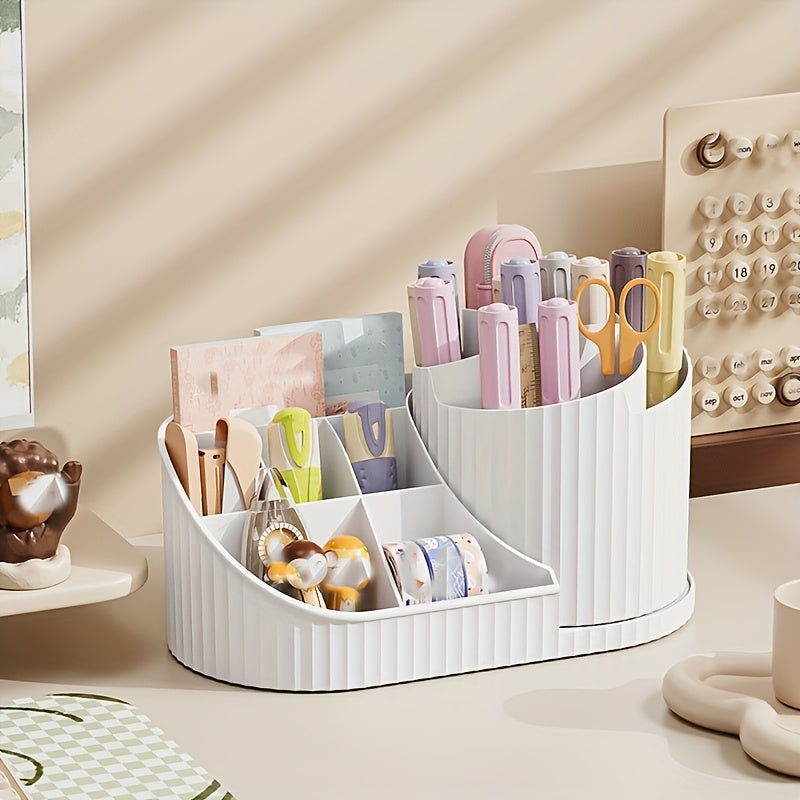 Organisateur maquillage 360° rotatif, plastique durable, rangement pinceaux, rouges à lèvres, soins et papeterie, design élégant blanc, gain de place.