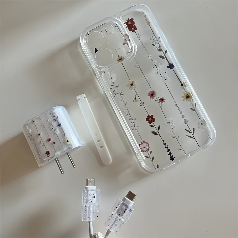 5pcs Set: 1 Transparent Phone Case with Colorful Flower Design + 1 Charger Protector + 2 Cable Protectors + 1 White Soft   Cable Ties Suitable for iPhone 16/16 Pro/16 Pro Max/16 Plus/11/11 Pro/11 Pro Max/12/12 Pro/12 Pro Max/