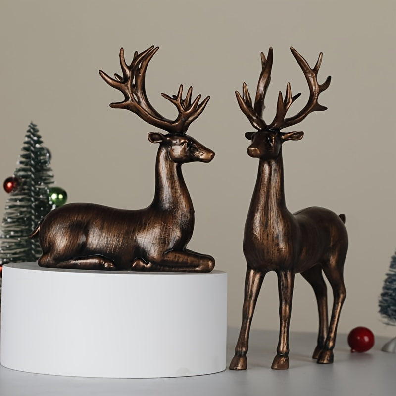 زوج من تماثيل الأيائل البرونزية، مثالية لديكور عيد الميلاد، مثالية لديكورات العطلات المختلفة، مناسبة لغرفة المعيشة، غرفة النوم، المكتب، المدخل، شجرة عيد الميلاد، إلخ، هدية مثالية، لا تتطلب كهرباء