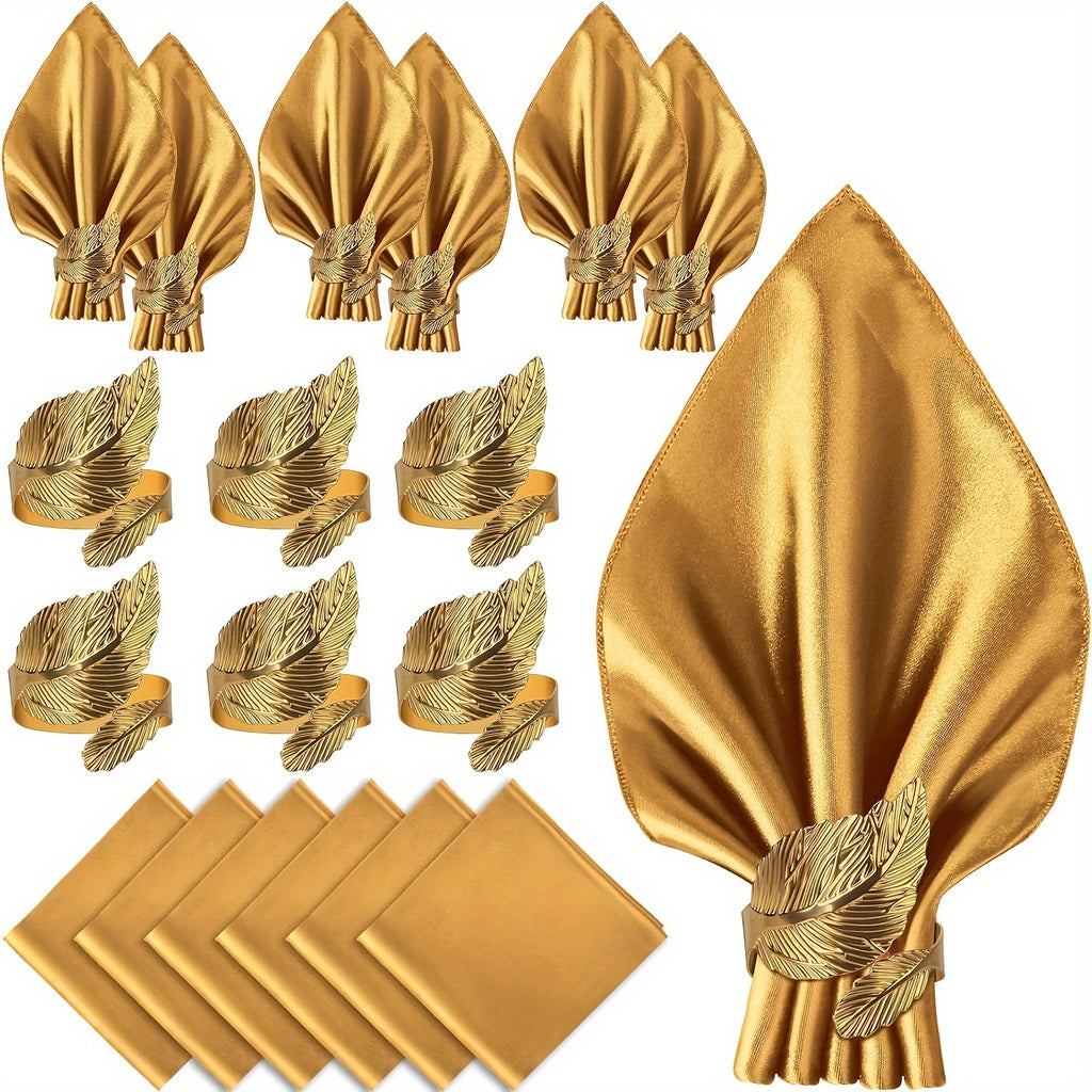 Lot VIJIV 12 pcs : 6 ronds de serviette dorés et 6 serviettes satin 17×17 cm, idéal mariages et fêtes.