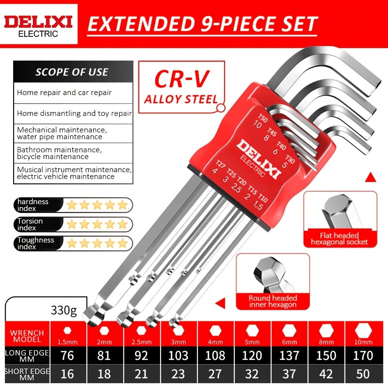 Extra-Long Arm Hex Wrench Set with Ball &amp; Torx Ends - Comfort Grip, Durable Metal for Bike Repair and DIY Projects, Hex Socket Set, Carefully Crafted