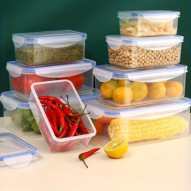 8pcs Set Multi-Size Kitchen Fresh-Keeping Plastic Lunch Boxes | 4 Containers + 4 Lids, Rectangular, Flip Top Closure, Reusable, Microwaveable, Anti-Odor, Ideal for Vegetables, Fruits, Snacks Storage, Freezer Safe, Space-Savin