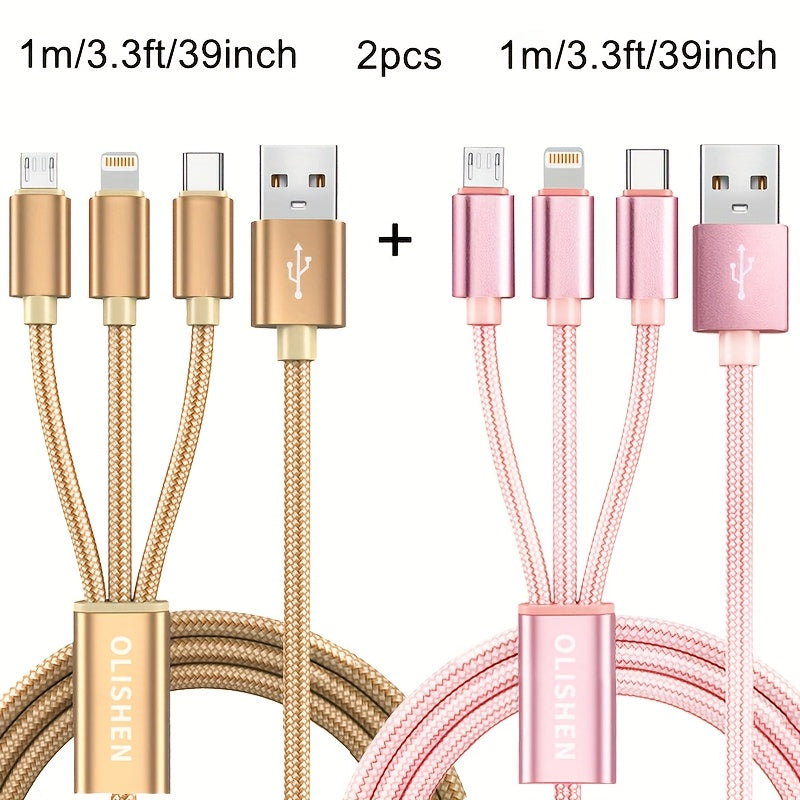 2pcs 3-in-1 Fast Charging Cable | Durable Nylon Braided, Compatible with iPhone, Samsung, Xiaomi, Oppo, Vivo, Redmi, OnePlus & More, Supports USB Charging, 10W Output Power