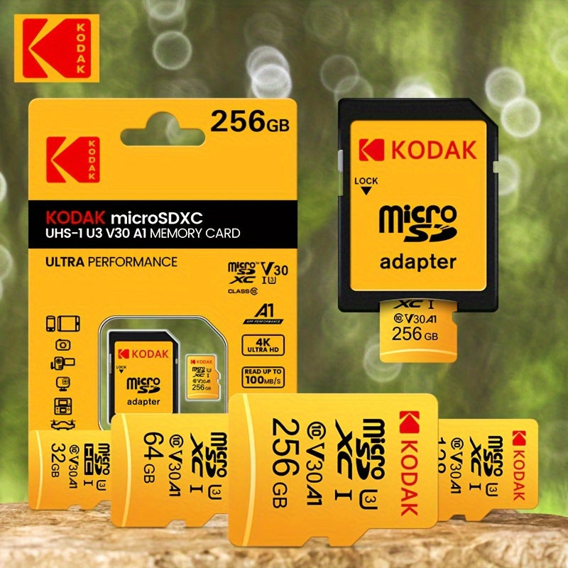 Carte Mémoire Kodak Micro TF U3 : Capacités 32 à 256 Go avec adaptateur SD, UHS-I haute vitesse, idéale 4K/120fps, compatible smartphones et caméras.