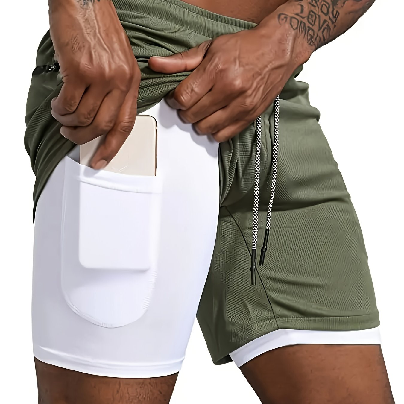 Shorts hommes 2-en-1 été, sport extérieur, cordon ajustable, poches sécurisées, tissu respirant et séchage rapide, parfait gym et running.