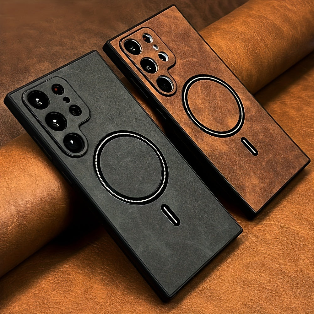 Coque de luxe en cuir PU rétro pour Samsung Galaxy, antichoc, compatible charge sans fil, finition mate élégante, protection haut de gamme et design sophistiqué.