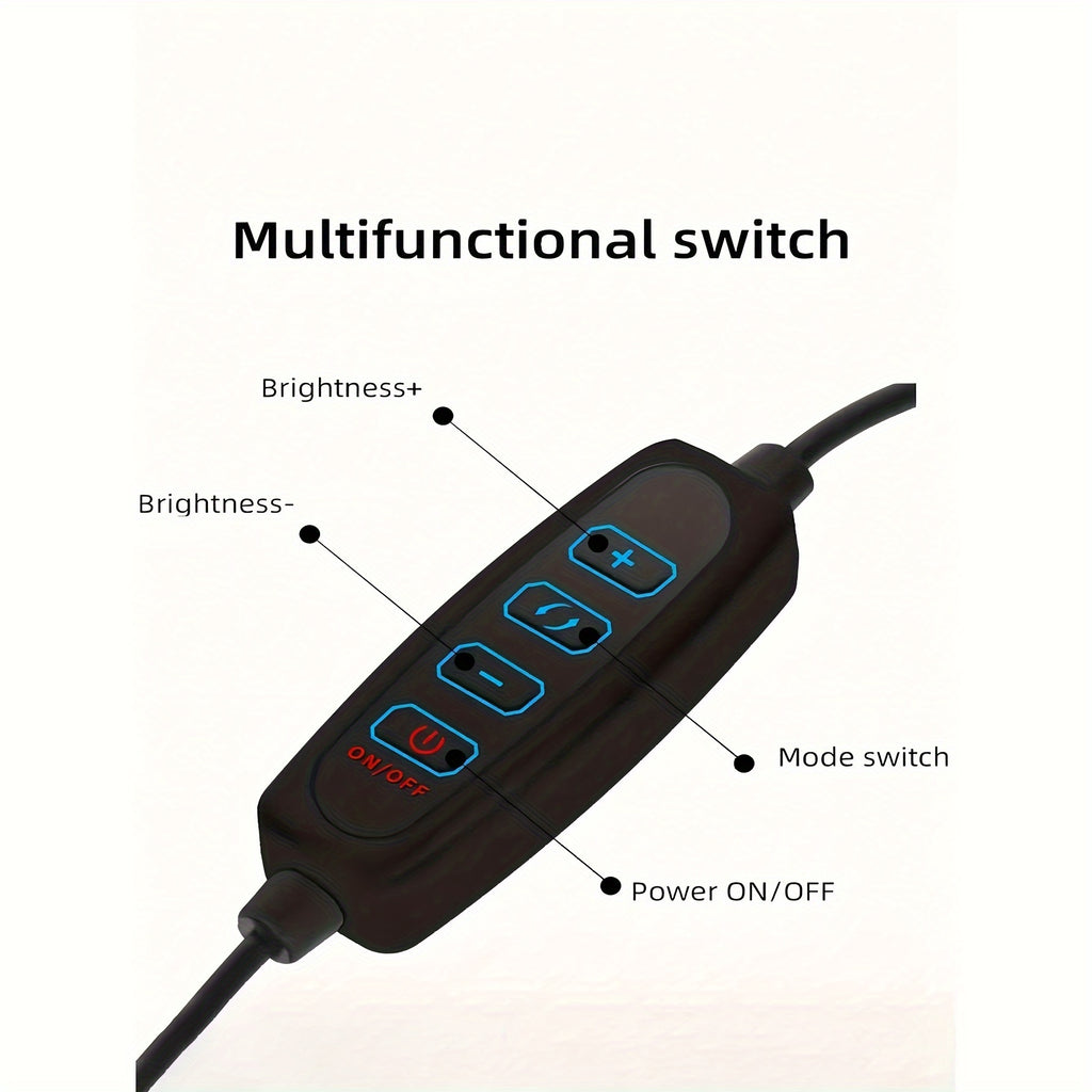 Anneau lumineux rotatif 360°, idéal streaming, maquillage et lampe de bureau, alimentation USB, trépied extensible, compatible avec la plupart des appareils.