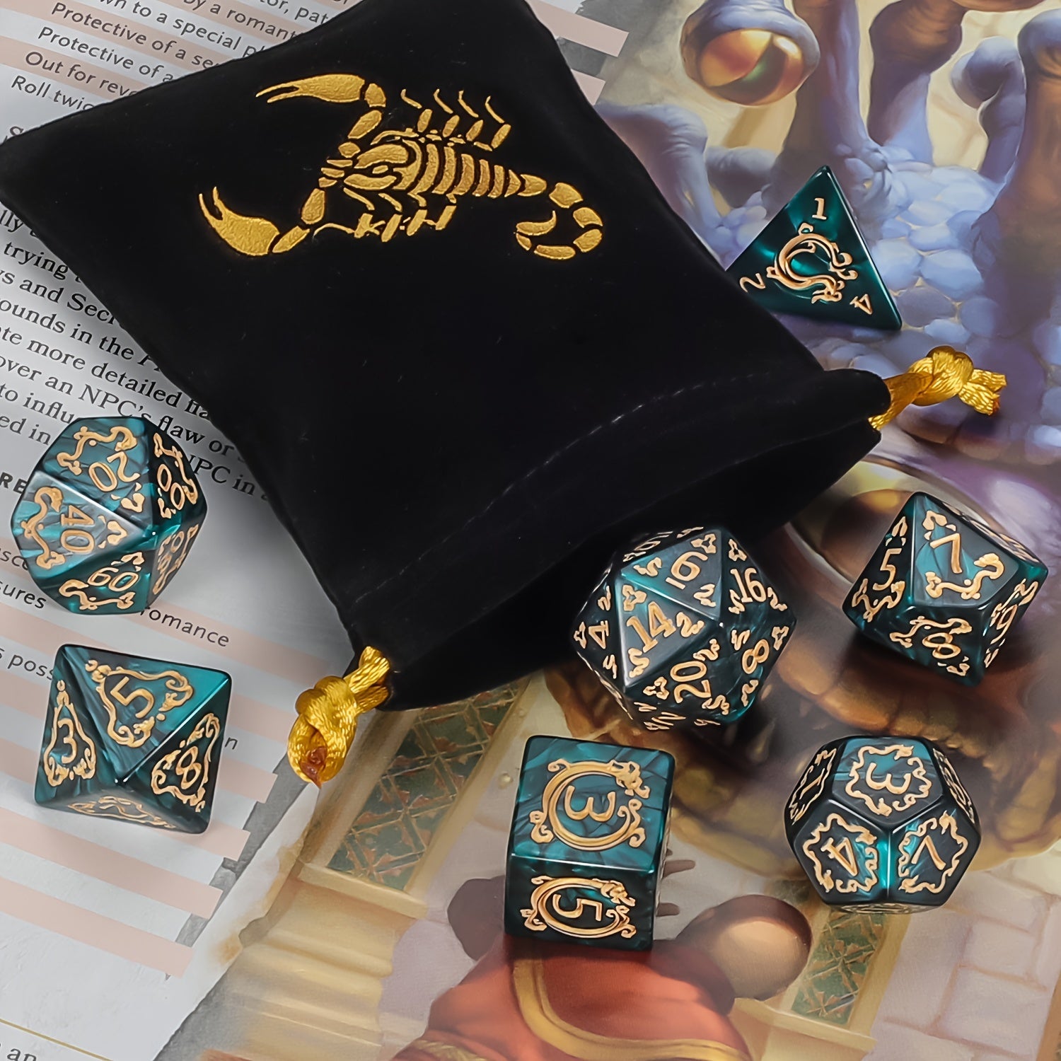 [مفضل لدى العملاء] مجموعة نرد متعدد السطوح فاخرة (7 قطع) مع حقيبة برباط لألعاب الطاولة من نوع الزنزانات والتنينات D&amp;D RPG MTG. مثالية للألعاب، والهالوين، وهدايا عيد الميلاد، ومغامرات تقمص الأدوار الخيالية.