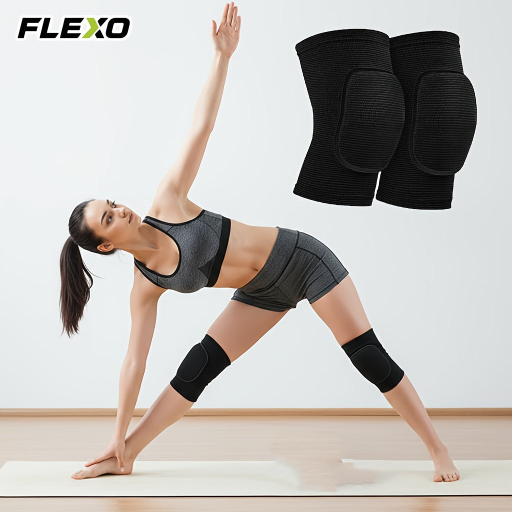 2pcs FLEXO Knee Support Sleeves & Pads for Men & Women | Lightweight Knee with 15mm Soft Padded Cushion, Breathable Elastic Material, Ideal for Volleyball, Gym, Yoga, Dance, Fitness, Pilates - Black, Polyester Knit Fabric, Ha