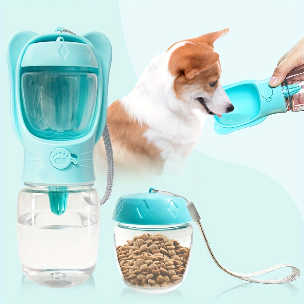 Bouteille d'eau portable pour chien avec compartiment nourriture. Distributeur pratique pour animaux, idéal pour les promenades, randonnées et voyages.