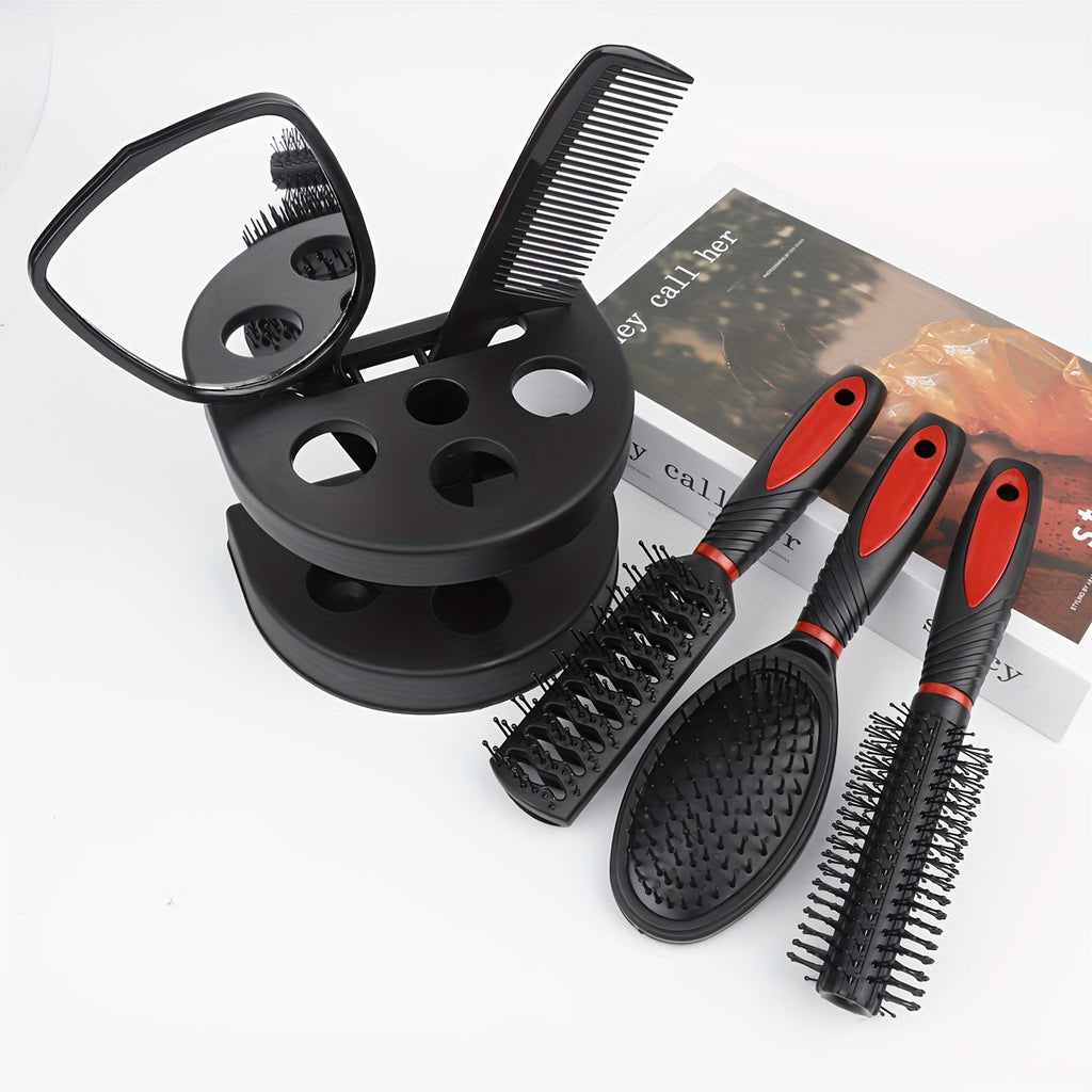 Set coiffure professionnel 5 pièces : brosses démêlantes, peignes massage cuir chevelu et miroir, parfait pour styling complet.