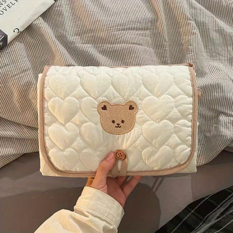 Cream Bear-Patterned Portable Diaper Changing Pad - Foldable, Breathable Polyester with Adjustable Strap for Travel &amp; Short Trips, Short Trip Essentials | Foldable Pad | Secure Closure, Diaper Pouch