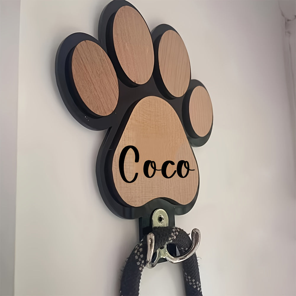 Patère murale en bois personnalisée, gravure empreinte de patte, pour laisses, colliers et manteaux, durable et décorative, cadeau idéal pour amoureux des animaux.
