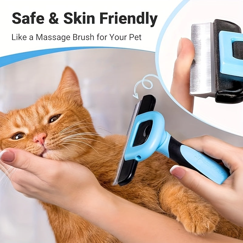 Brosse professionnelle de déshedding pour animaux. Réduit les poils de 95%, ergonomique, sans électricité, design bleu et noir, pour toutes les races.