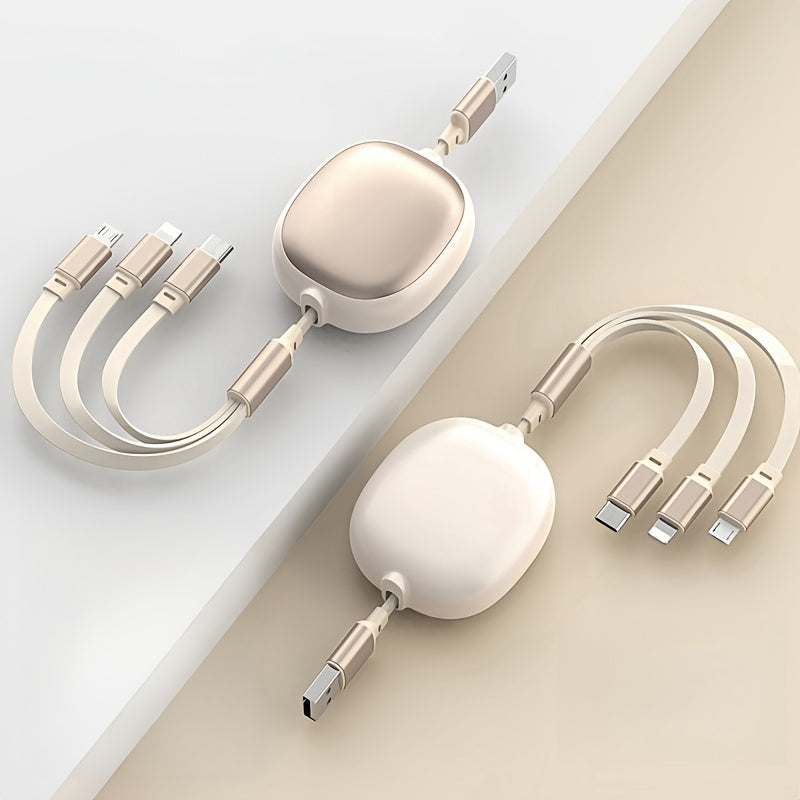 Câble USB rétractable 3-en-1, charge rapide 100 W, compatible USB-C/Micro USB/iPhone, transfert données 480 Mbps, alimentation ≤36 V.