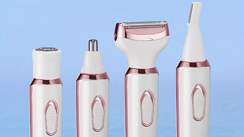 Épilateur 4 en 1 USB rechargeable pour femmes, visage, sourcils, nez et jambes, design compact et adapté aux teints clairs, idéal voyage et cadeau.