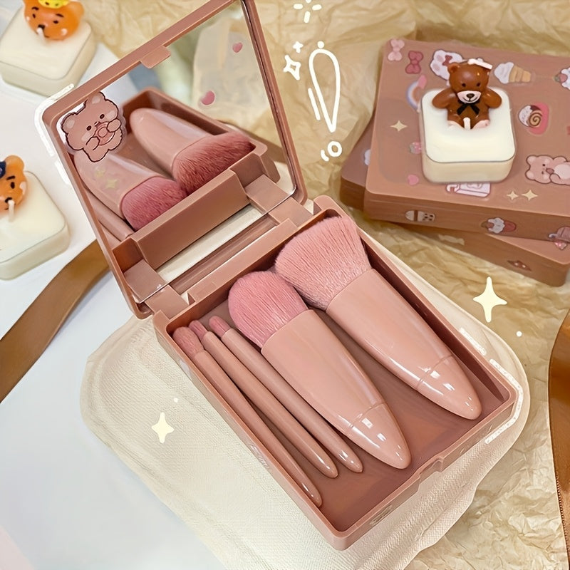 Set de pinceaux cosmétiques portable multifonction avec miroir, poils doux, design mignon, étui pastel rose et doré, idéal pour voyages.