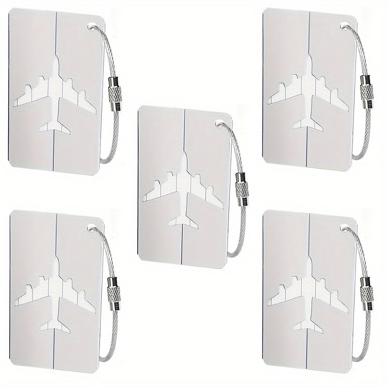 Lot de 5 étiquettes bagages en aluminium, étanches et légères, boucle acier inoxydable, design minimaliste, parfait pour voyages.