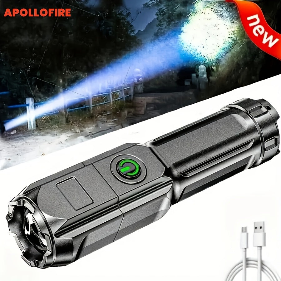 Lampe Torche APOLLOFIRE Haute Puissance : Zoom réglable, portable, multifonction, idéale camping et usage extérieur, construction robuste, faisceau lumineux puissant.