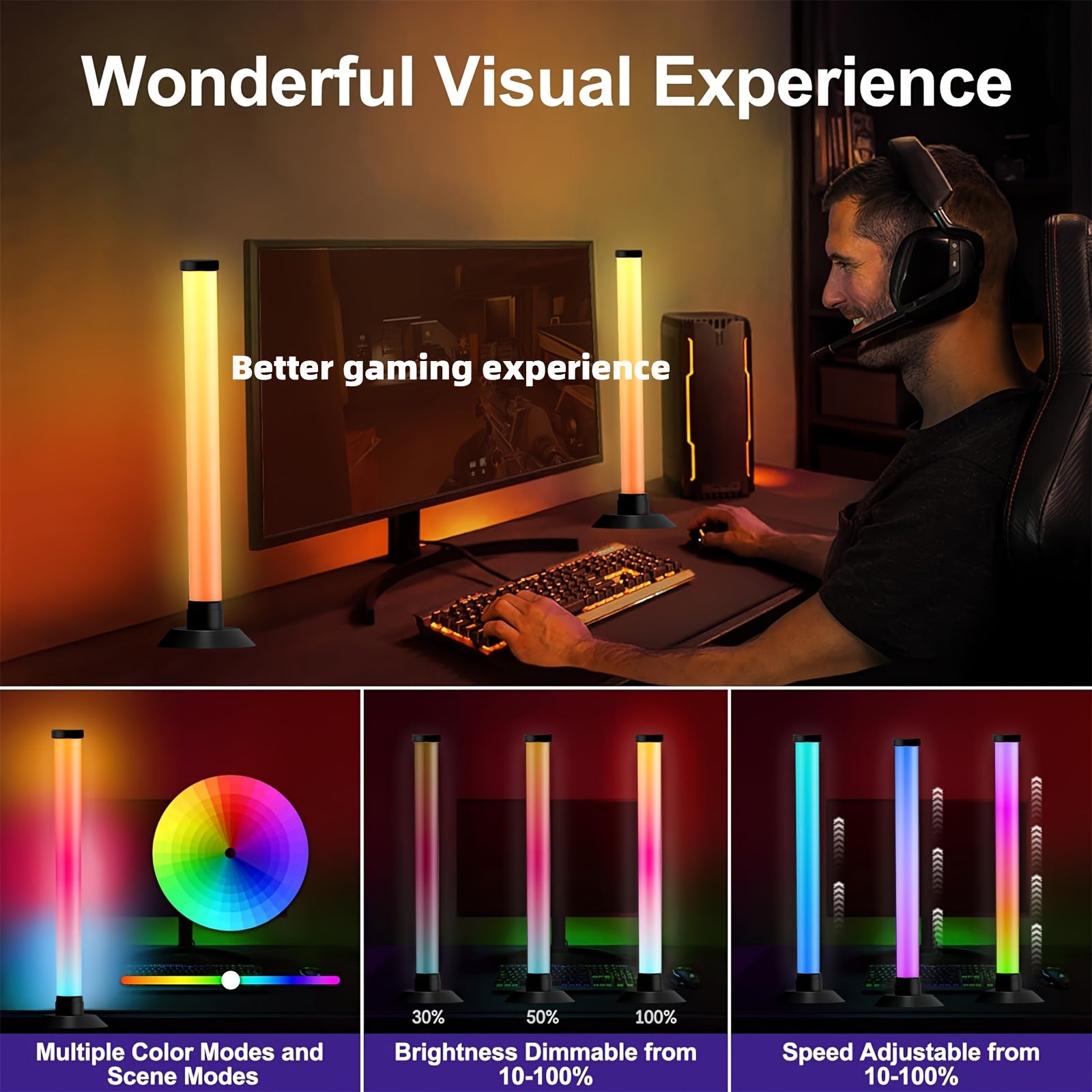 Barre LED RGBIC Intelligente : 16 millions de couleurs, 8 modes, synchronisation musique, contrôle multiple, idéale pour PC, TV et gaming, lot 2 pcs.