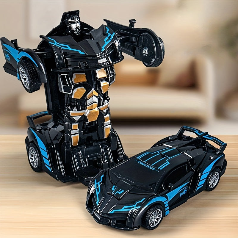 Jouet voiture robot transformable, activation par collision, propulsion inertielle, plastique ABS, détails réalistes, cadeau idéal pour enfants à Noël.