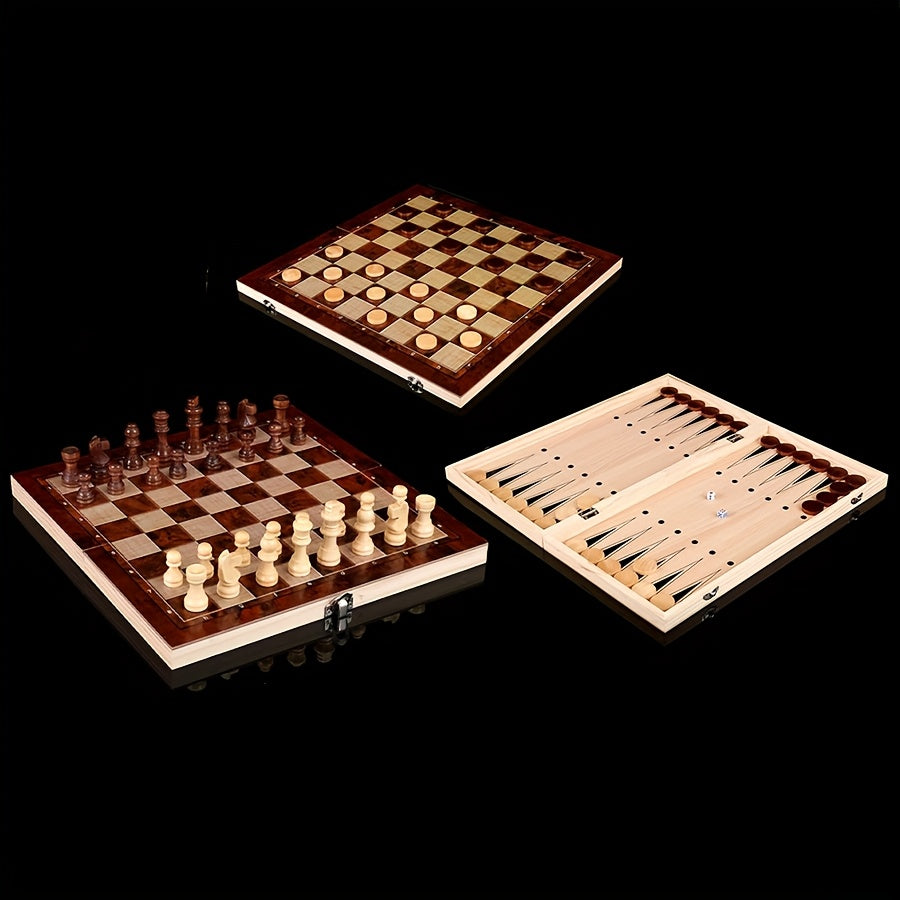 Jeu d’échecs en bois 3‑en‑1, pliable et portable, tailles 24 cm et 34 cm, idéal pour parties à emporter.