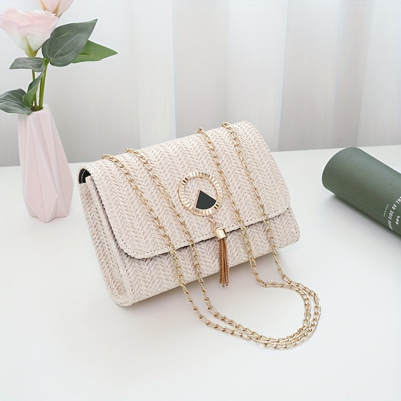Visually Appealing Woven Crossbody Bag with Golden-Tone Hardware &amp; Detachable Chain Strap - Lightweight Casual Small Square Shoulder Bag for Women, Spacious Snap Closure Purse for Commuting &amp; Travel (19.05x7.11x13.97 cm), Cro